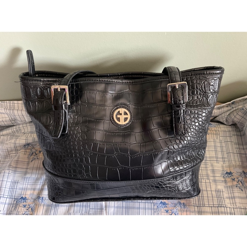 Giani Bernini Black Croc Embossed Leather Purse/Handbag Silver-tone - Picture 7 of 10